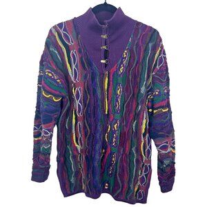 Rare Vintage 90's COOGI Purple Multi Sweater Metal Clasp Mock Neck Ribbed M
